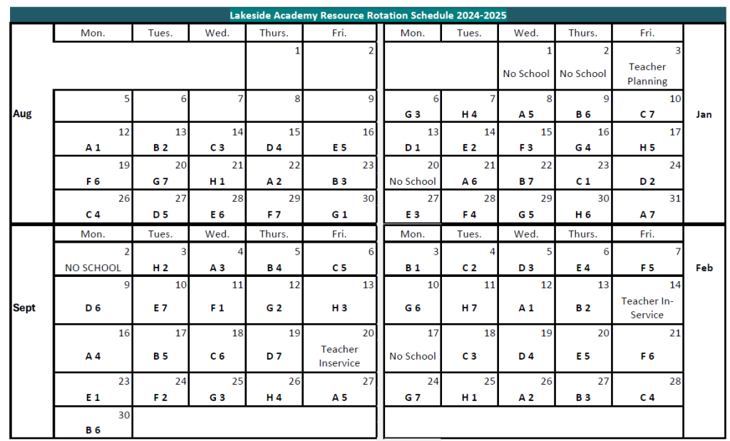 Part 1 of Lakeside Academy Resource Schedule